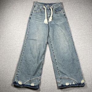 Chuu Jeans Womens 27 Blue Wide Leg Relaxed High Rise Distressed Tasseled